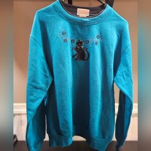 Blue And Black Kitty Floral Sweatshirt NWT Medium